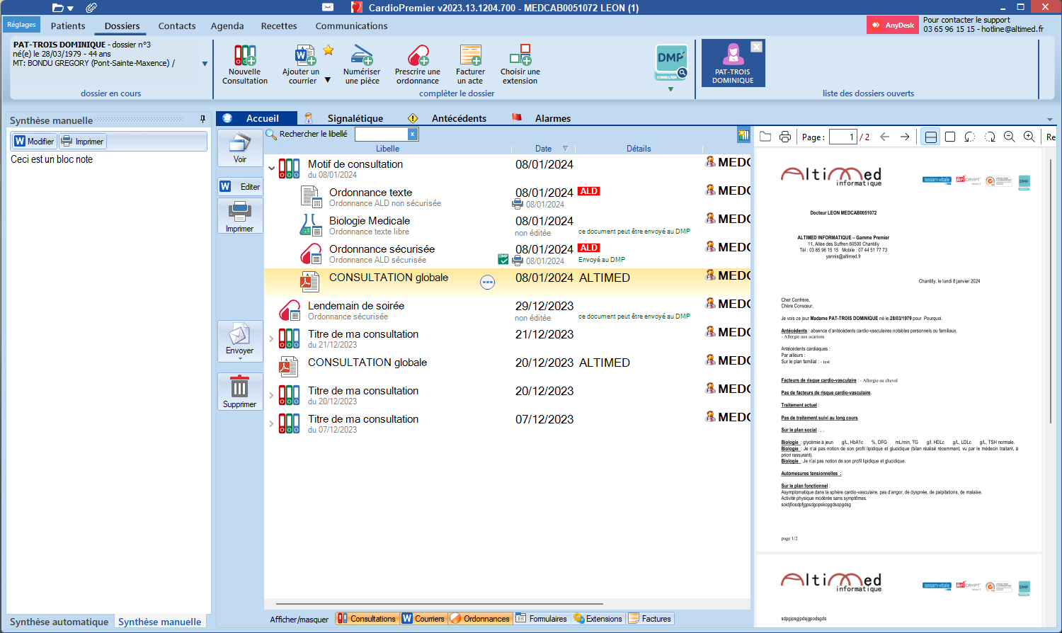 Interface du dossier patient Premier Médical